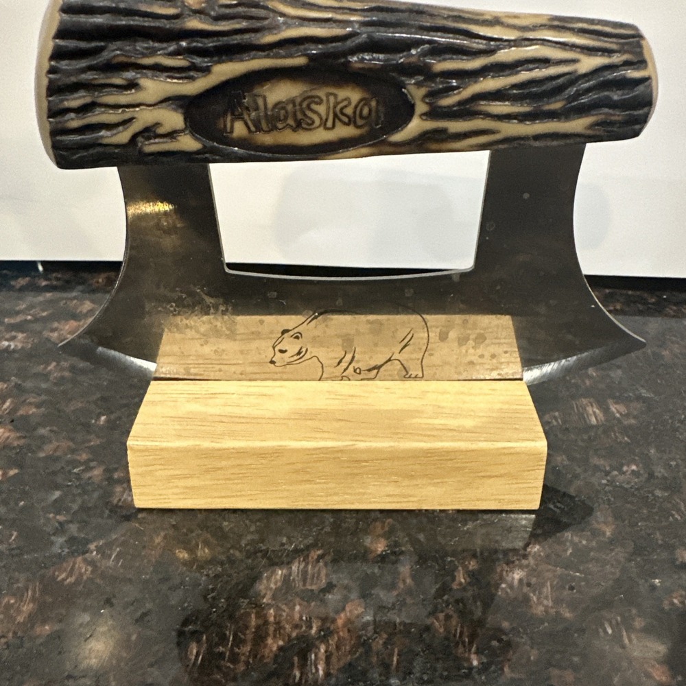 ALASKA Ulu KNIFE, laser engraved on "wood" looking handle, "wood" stand, VTG
